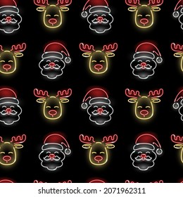 Christmas seamless pattern with neon icons of Santa Claus and deer faces on black background. Winter holidays, Xmas, New Year concept for wallpaper, wrapping, print. Vector 10 EPS illustration.