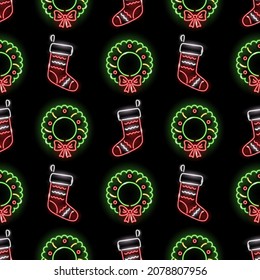 Christmas seamless pattern with neon icons of stocking and Xmas wreath on black background. Winter holidays, New Year, celebration concept for wallpaper, wrapping, print. Vector 10 EPS illustration.