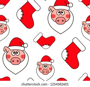 Christmas seamless pattern. New year vector design. Wrapping paper for Christmas gift boxes. New Year's pig