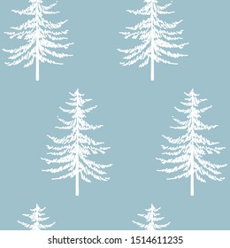 Christmas seamless pattern. New year hand drawn firs wrapping paper design, noel watercolor print, winter holiday decoration, white on blue christmas trees background, wallpaper ornament