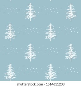 Christmas seamless pattern. New year hand drawn firs wrapping paper design, noel watercolor print, winter holiday decoration, white on blue christmas trees background, wallpaper ornament