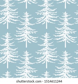 Christmas seamless pattern. New year hand drawn firs wrapping paper design, noel watercolor print, winter holiday decoration, white on blue christmas trees background, wallpaper ornament