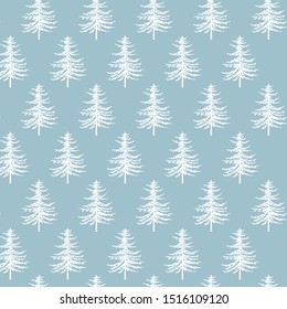 Christmas seamless pattern. New year hand drawn firs wrapping paper design, noel watercolor print, winter holiday decoration, white on blue christmas trees background, wallpaper ornament