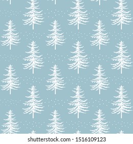 Christmas seamless pattern. New year hand drawn firs wrapping paper design, noel watercolor print, winter holiday decoration, white on blue christmas trees background, wallpaper ornament