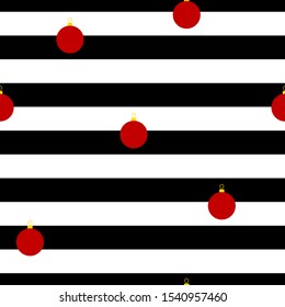 Christmas seamless pattern. New Year decorations on a black and white striped background. Red balls and monochrome lines. Holiday illustration for wallpapers, posters, wrapping paper, posters, cards