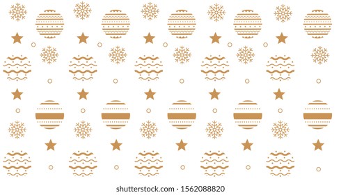 Christmas seamless pattern with New Year decorations. Golden snowflakes, circles balls with ornament, stars. Winter holiday background.