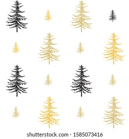 Christmas seamless pattern. New Year hand drown firs wrapping paper design, black and gold christmas trees modern background, noel holiday decoration, - Vector