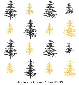 Christmas seamless pattern. New Year hand drown firs wrapping paper design, black and gold christmas trees modern background, noel holiday decoration, - Vector