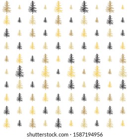 Christmas seamless pattern. New Year hand drown firs wrapping paper design, black and gold christmas trees modern background, noel holiday decoration, - Vector