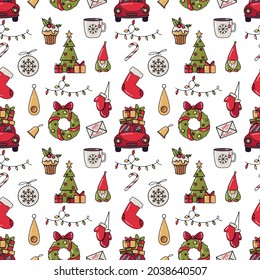 Christmas seamless pattern. New year 2022 illustration. Pine, presents, gifts, decoration. Best for wrapping paper, fabric and giftware.