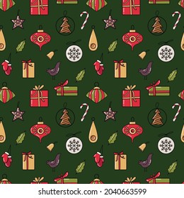 Christmas seamless pattern. New year 2022 illustration. Pine, presents, gifts, decoration. Best for wrapping paper, fabric and giftware.