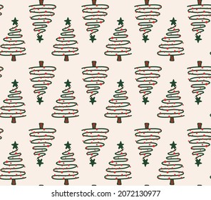 Christmas seamless pattern. New year hand drown firs wrapping paper design, winter holiday decoration, green and red Christmas trees modern background