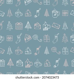 Christmas seamless pattern with New Year icons in pink on a blue background. Christmas symbols of fir trees, cups, letters, hats, gifts and sweets in endless print