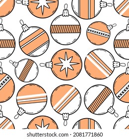 Weihnachten nahtloses Muster mit Neujahrsbaumkugeln. Handgezeichnete Dodle-Dekorationen, Ornamente einzeln auf weißem Hintergrund. Handgezeichnete Skizze. Vektorgrafik.