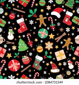 Christmas Seamless Pattern. Christmas and New year Holiday Repeatable Pattern. Decorative Elements Texture for Wallpaper, Gift Wrapping paper, Card or Banner Template or Fabric Textile Prints.