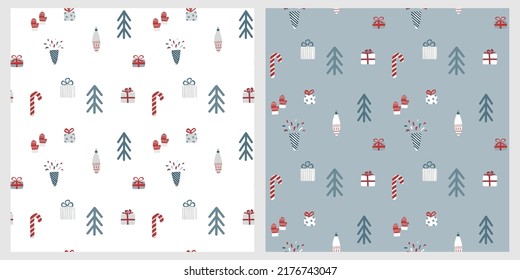 Weihnachtsnahtloses Muster für Neujahrsdesign und -dekoration mit Bäumen, Spielzeug und Fingern. Festliche Farbe mit süßen Weihnachtselementen