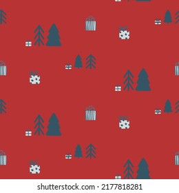 Christmas seamless pattern for New Year design and decoration with trees, toys and mittens. Festive paint with cute xmas holiday elements