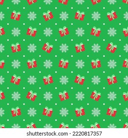 Weihnachtsnahtloses Muster. Neue Jahrestexturen mit Geschenken, Schneeflocken und Polka-Punkt. Weihnachten, festlicher geometrischer Umhüllungsdruck mit Geschenkbox. Feiertagshintergrund. Vektorgrafik.