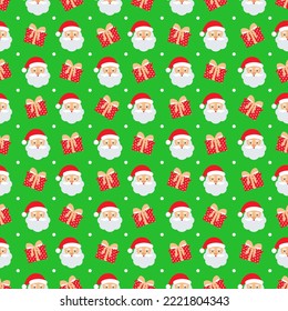 Christmas seamless pattern. New year textures with gifts, and Santa faces. Xmas, festive geometric wrapping print with gift boxes. Holiday background. Vector illustration.