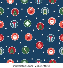 Christmas seamless pattern with New Year elements. Santa Claus, Christmas tree, gifts, snowflakes, Christmas ball. Christmas design for fabric, packaging, background, wallpaper, cover.