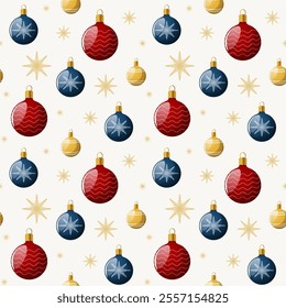 Christmas seamless pattern. New Year toys balls. Bright colors, festive design. Illustration for packaging, textiles and seasonal decor.