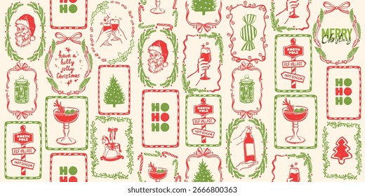 Navidades sin patrón, textura de vacaciones de invierno de año Nuevo, celebración de Santa Claus repetir impresión. Fondo de pantalla festivo de temporada tradicional, presente gráfico de papel de regalo. Patrón de Navidades dibujadas a mano