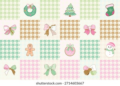 Christmas Seamless Pattern. Christmas and New year Holiday Repeatable Pattern, Hounds tooth, check, snow man, Christmas tree, bow creative, bow, tartan
