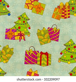 Christmas seamless pattern. New Year tiling texture for design.  Doodle style. Wrapping paper.