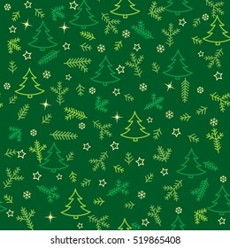 Christmas Seamless Pattern with New Year Tree, Snow and Stars. Happy Winter Holiday Wallpaper with  Nature Decor elements. Fir Tree branch and snowflakes tiled background design.
