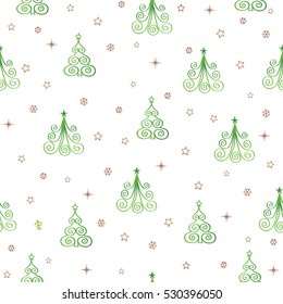 Christmas Seamless Pattern with New Year Tree, Snow and Stars. Happy Winter Holiday Wallpaper with Nature Decor elements. Fir Tree and snowflakes Icons tile background design