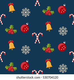 Christmas seamless pattern with new year winter holidays symbols. bells, candy canes, christmas balls
