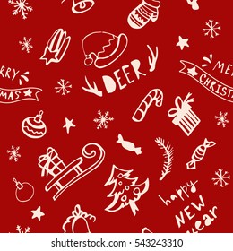 Christmas seamless pattern with new year winter holidays symbols. bells, candy canes, christmas balls