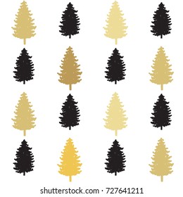 christmas seamless pattern. new year hand drown firs wrapping paper design, winter holiday decoration, black and gold christmas trees modern background