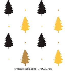 christmas seamless pattern. new year hand drown firs and polka dots, wrapping paper design, winter holiday decoration, black and gold christmas trees modern background