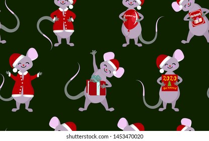 Christmas seamless pattern. New Year's symbols of 2020. Mice and rats with gifts and greetings