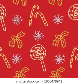 Christmas seamless pattern with New Year's sweets, holly and snowflakes on a red background.  Vector color illustration for greeting cards, Christmas designs, gift wrapping, prints.