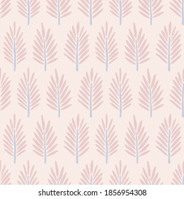 Patrón de Navidad sin fisuras. Patrón de Año Nuevo para tela, postal, banner, papel envolvente. Ramas de abeto rosa y azul sobre un fondo beige. Colores pasteles. Ornamento vectorial rítmico dibujado a mano.