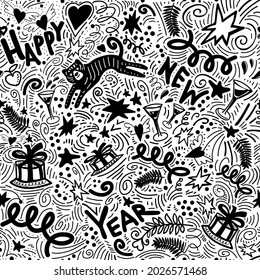 Christmas seamless pattern with New Years symbols drawn by hand in doodle style. Black tiger, garlands, cake, gifts, glasses, confetti and lettering quote happy new year.