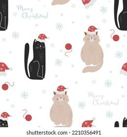 Christmas seamless pattern. New Years cute animals cats in Santas hat on white background with ball of thread and snowflakes. Vector Christmas ornament for decor, design, kids collection