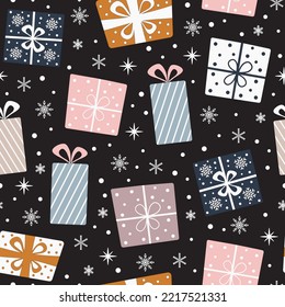 Christmas seamless pattern with New Year's gifts on a dark background. Christmas and Happy New Year background. Vector design template. Season greeting.