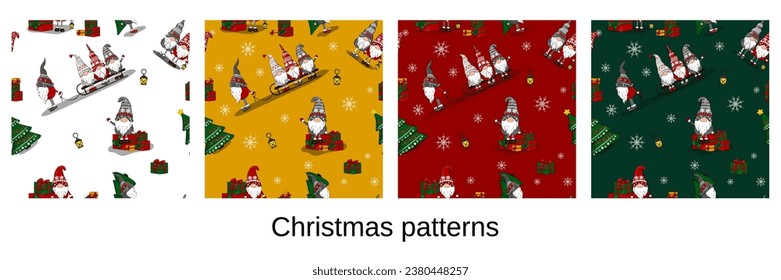 Christmas seamless pattern. New Year's pattern of cute gnomes with a Christmas tree and on a sleigh.
