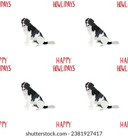 Christmas seamless pattern with Newfoundland dog. Repeatable winter background. "Happy Howlidays" text, Dog Christmas Card for dog lovers. Abstract texture with smiling dog Drawing. Cartoon style.