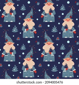 Christmas seamless pattern with nice dwarfs. Holiday wallpaper with fairy characters.