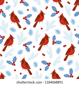 Christmas seamless pattern with northern cardinals, birds, fir branches, berries and holly on white background. Perfect for holiday invitations, winter greeting cards, wallpaper and gift paper 