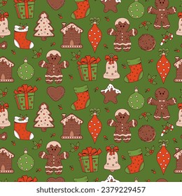 Christmas seamless pattern. Nostalgic retro cartoon gingerbread, cookies, man, tree, house, Xmas stocking gift, ball toy, bell on green background. Vector illustration. Trendy New Year illustration