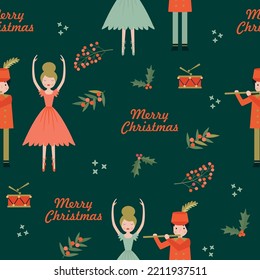 Navidad sin fisuras con nutcaracker, ballerina, hojas y bayas. Ilustración vectorial. 