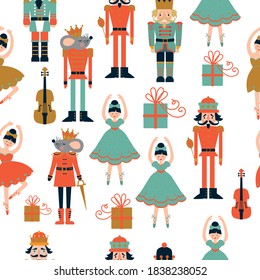 Navidad sin fisuras con actrices de nuca, bailarinas, rey del ratón, violín. Ilustración vectorial. 