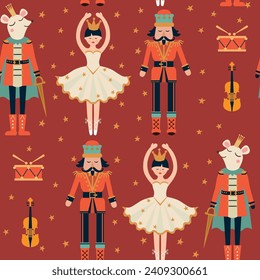 Christmas seamless pattern with nutcracker, ballerina, violin on red pattern. 