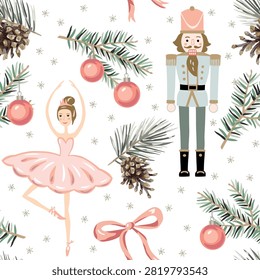 Christmas seamless pattern, Nutcracker, ballerina, green fir twigs, pink balls, bow, pine cones, snow, white background. Vector illustration. Festive design. Season greeting. Winter holidays