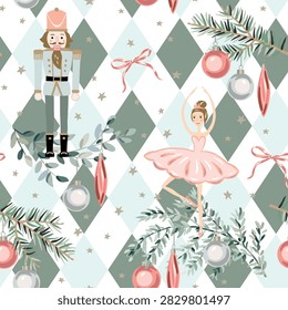 Christmas seamless pattern, Nutcracker, ballerina, green fir twigs, white, pink balls, bows, stars, diamond print background. Vector illustration. Festive design. Season greeting. Winter xmas holidays
